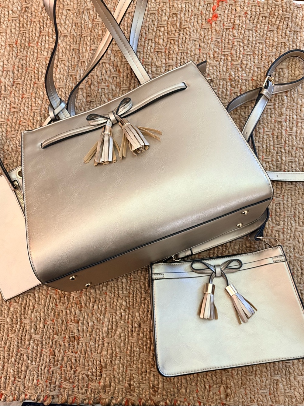 Metallic Gold Shoulder Bag with Tassel Crossbody Pouch & Wristlet